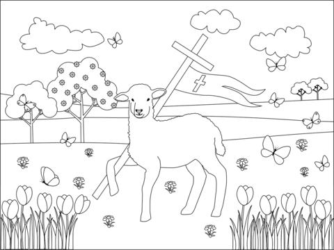 Easter Lambs And Jesus Cross Coloring Page